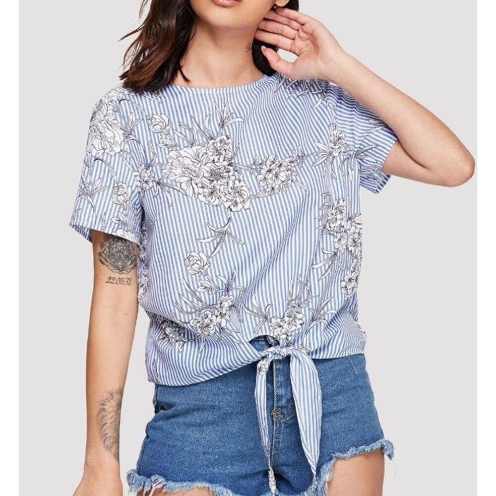 Shein Floral Print Pinstriped Tie Front Blouse Size L Nautical Floral